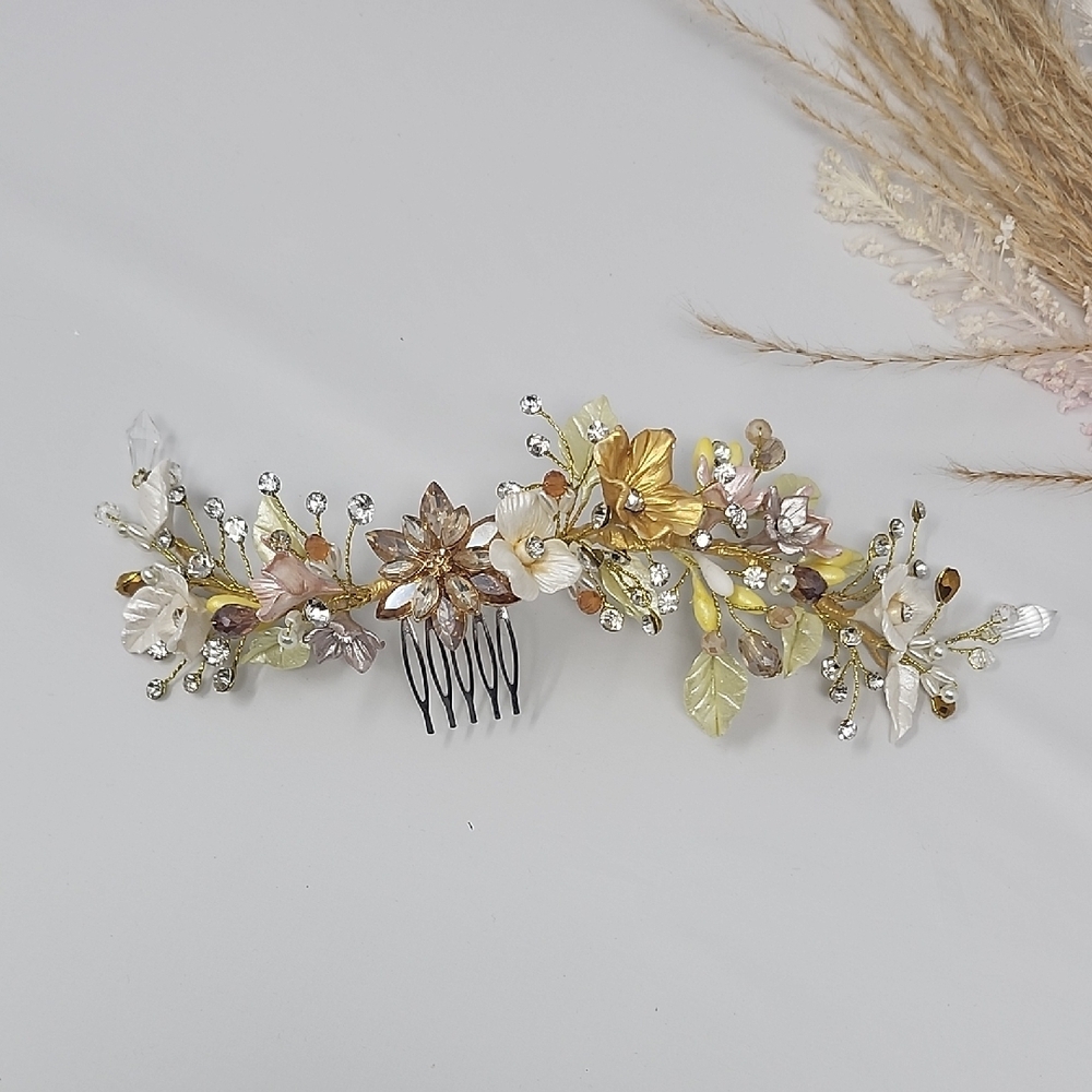 Gold and Silver Floral Hair Comb with Pearl and Crystal Accents